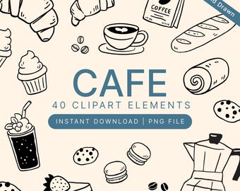 Può includere: Elementi di clipart a tema caffè disegnati a mano in bianco e nero su sfondo beige. Include croissant, tazza di caffè, chicchi di caffè, pane, pasticcini e una caffettiera. Il testo recita "CAFE" e "40 CLIPART ELEMENTS".