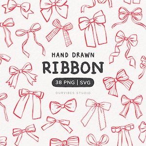 Op de afbeelding: Een verzameling van diverse handgetekende rode lintstrikken in verschillende stijlen en vormen. De afbeelding bevat de tekst HAND DRAWN RIBBON 38 PNG | SVG OURVIBES STUDIO in het midden, omringd door meerdere decoratieve strikillustraties.