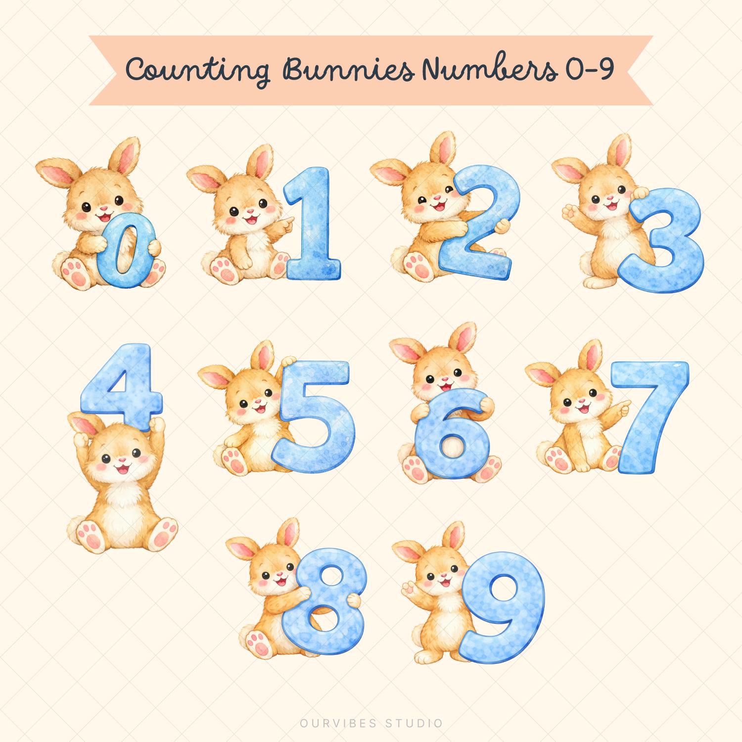 Cartoon Rabbit Numbers For Kids Counting Bunny Number Clipart – Watercolor Bunny Math Learning PNG (10 ...