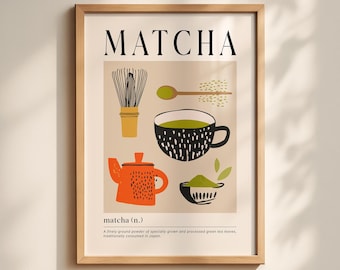 Matcha Tee Illustration: Minimalistische Küche Dekor, Matcha Doodle Illustration(Digitaler Download)