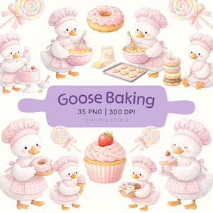 May include: Watercolor illustration featuring adorable goose characters baking and holding baked goods like donuts, cupcakes, and cookies. The image includes text that reads "Goose Baking" and "35 PNG | 300 DPI". The color palette is soft pink and white.