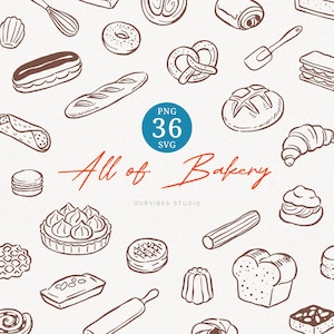 May include: A collection of hand-drawn bakery items, including bread, pastries, and baked goods, in a seamless pattern. The image features a variety of baked goods, such as croissants, baguettes, and donuts. The text "All of Bakery" is written in a cursive font.