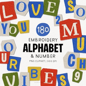 Puede incluir: Una colección de letras y números bordados de colores. Las letras son de varios colores, incluyendo rojo, azul, verde y amarillo. El texto "EMBROIDERY ALPHABET & NUMBER" se muestra en negrita.