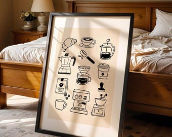 Coffee Doodle Art Print Set: Minimalist Kitchen Cafe Decor (Digital Download)
