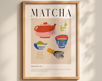 Matcha Tee Illustration: Minimalistische Küche Dekor, Matcha Doodle Illustration(Digitaler Download)