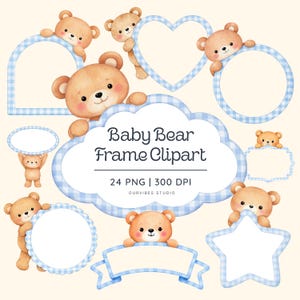 May include: Watercolor clipart featuring adorable teddy bears with various blue gingham-patterned frames in shapes like a heart, circle, and cloud. The text "Baby Bear Frame Clipart" is displayed. The image includes 24 PNG files at 300 DPI.