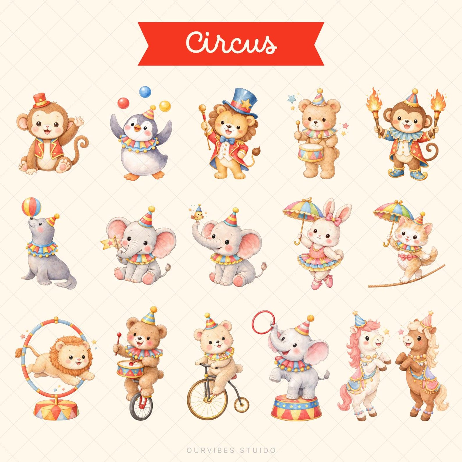 Circus Animals Clipart Watercolor Clipart, Storybook Nursery ...