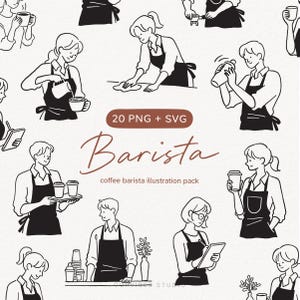 以下が含まれることがあります： 様々なコーヒー作りの活動をするバリスタを描いた、白黒の線画イラストのコレクションです。「Barista」の文字は筆記体で書かれています。20個のPNGとSVGファイルが含まれています。