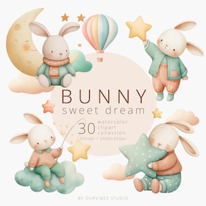 Może przedstawiać: Kolekcja 30 akwarelowych clipartów z uroczymi króliczkami, gwiazdami, chmurami, księżycem i balonem na ogrzane powietrze. Tekst brzmi "BUNNY sweet dream". Obrazy 300 dpi i 3000x3000px.