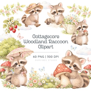 Puede incluir: Ilustración en acuarela de mapaches en un entorno de cabaña y bosque. La imagen incluye mapaches con setas, sombrillas y una pluma. El texto dice "Cottagecore Woodland Raccoon Clipart".