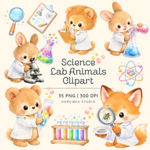 Puede incluir: Clipart de acuarela con adorables animales de laboratorio, incluyendo un león, un conejo, un zorro y un oso, todos con batas de laboratorio. La imagen incluye vasos de precipitados, tubos de ensayo, un microscopio y el texto "Science Lab Animals Clipart".