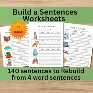 Może przedstawiać: Edukacyjne arkusze ćwiczeń zatytułowane "Build a Sentences Worksheets" z 35 stronami. Arkusze ćwiczeń zawierają ilustracje i ćwiczenia budowania zdań. Tekst brzmi "140 zdań do odbudowy z 4-wyrazowych zdań."