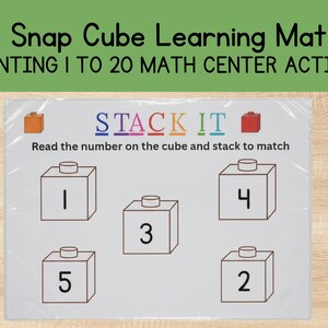 May include: A white learning mat with the text "Snap Cube Learning Mat" and "Counting 1 to 20 Math Center Activity." The mat features numbered cubes from 1 to 5, with the text "Stack It" above. The mat is designed for educational purposes.