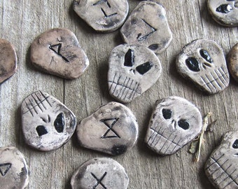 Elder Futhark Rune Set - skull runes with black tourmaline eyes, witchcraft supplies, divination tools,  occult, witch gift, witchy, heathen