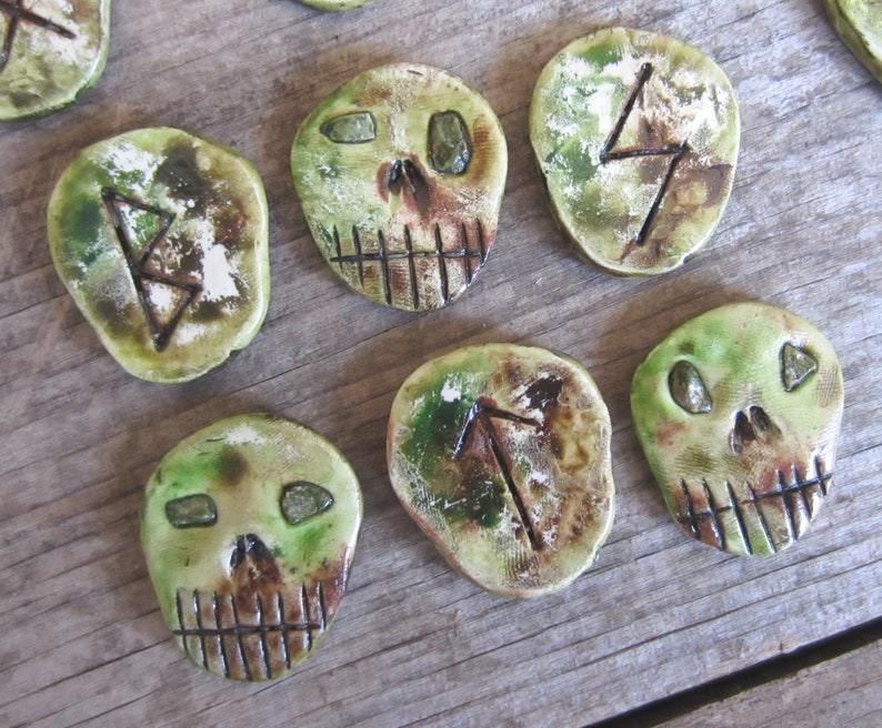 Set of Elder Futhark Runes skull runes with unakite stone eyes, witchcraft supplies, divination, occult, gifts for witches, heathen, image 1