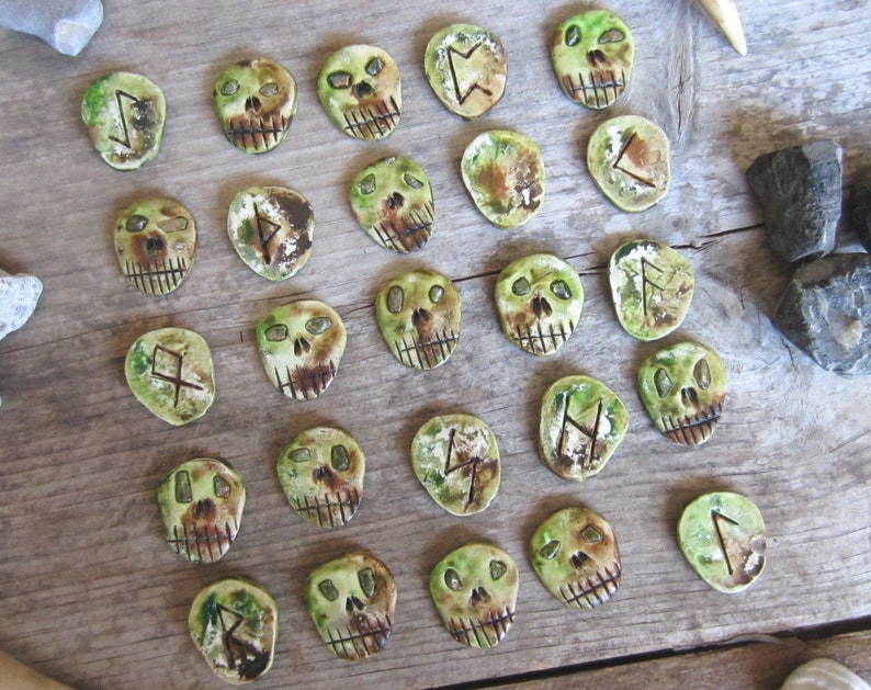 Set of Elder Futhark Runes skull runes with unakite stone eyes, witchcraft supplies, divination, occult, gifts for witches, heathen, image 2