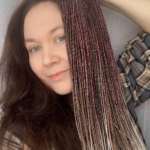 Smooth very thin micro dreadlock extensions: 3-5 mm thick burgundy brown blonde ombre synthetic DE dreadlocks 21-23 inch