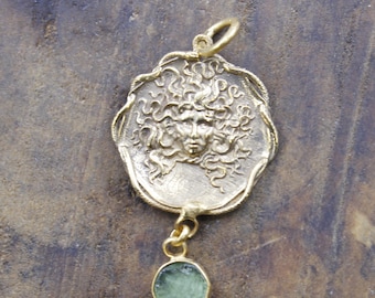 Handmade Bronze Medusa Coin Pendant: Sterling Silver & Natural Green Raw Apatite, Vintage Jewelry