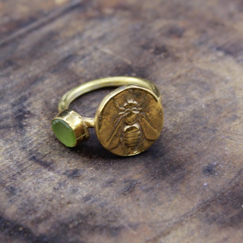 Bronze Honey Bee Coin Ring: Raw Apatite, Sterling Silver Band, Ancient ...