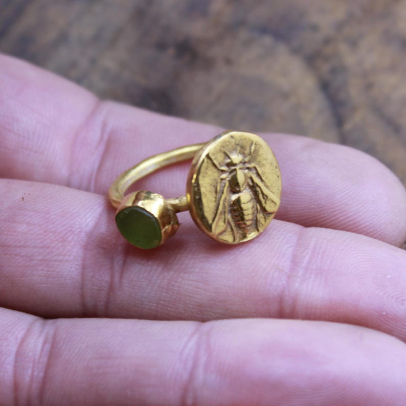 Bronze Honey Bee Coin Ring: Raw Apatite, Sterling Silver Band, Ancient ...