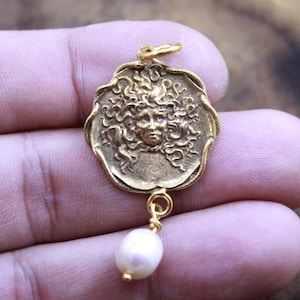Roman Bronze Medusa with Fresh Water Pearl Coin Pendant | Intaglio Style | Solid 925 Sterling Silver | Unique Historical | Gift For Her