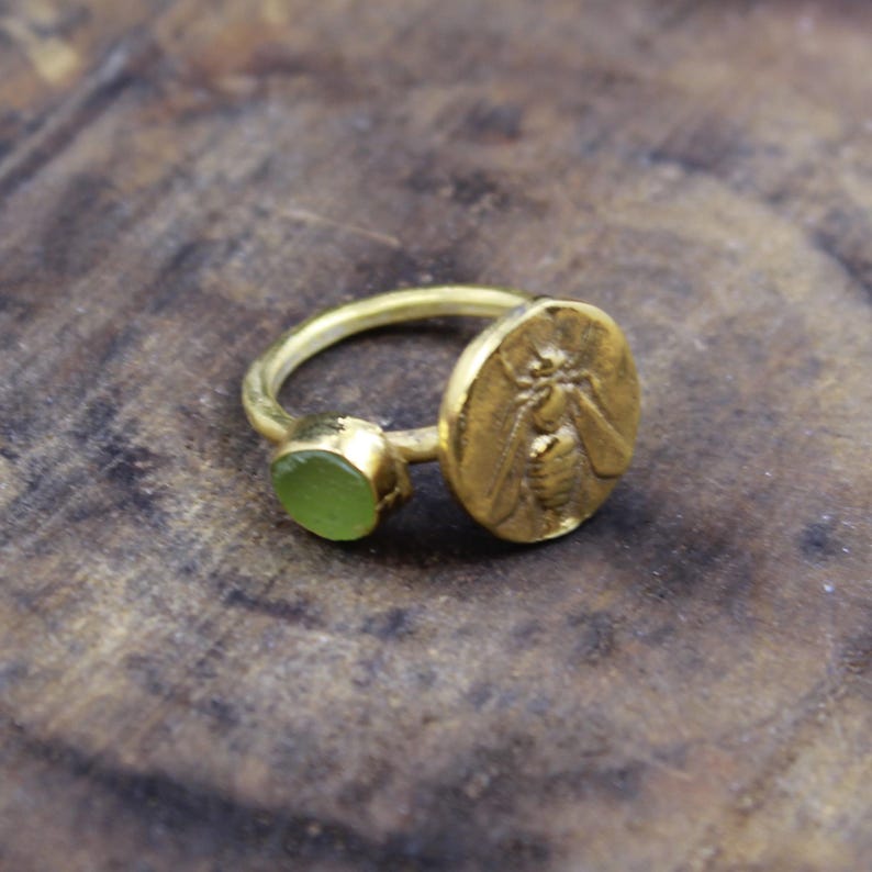 Bronze Honey Bee Coin Ring: Raw Apatite, Sterling Silver Band, Ancient ...