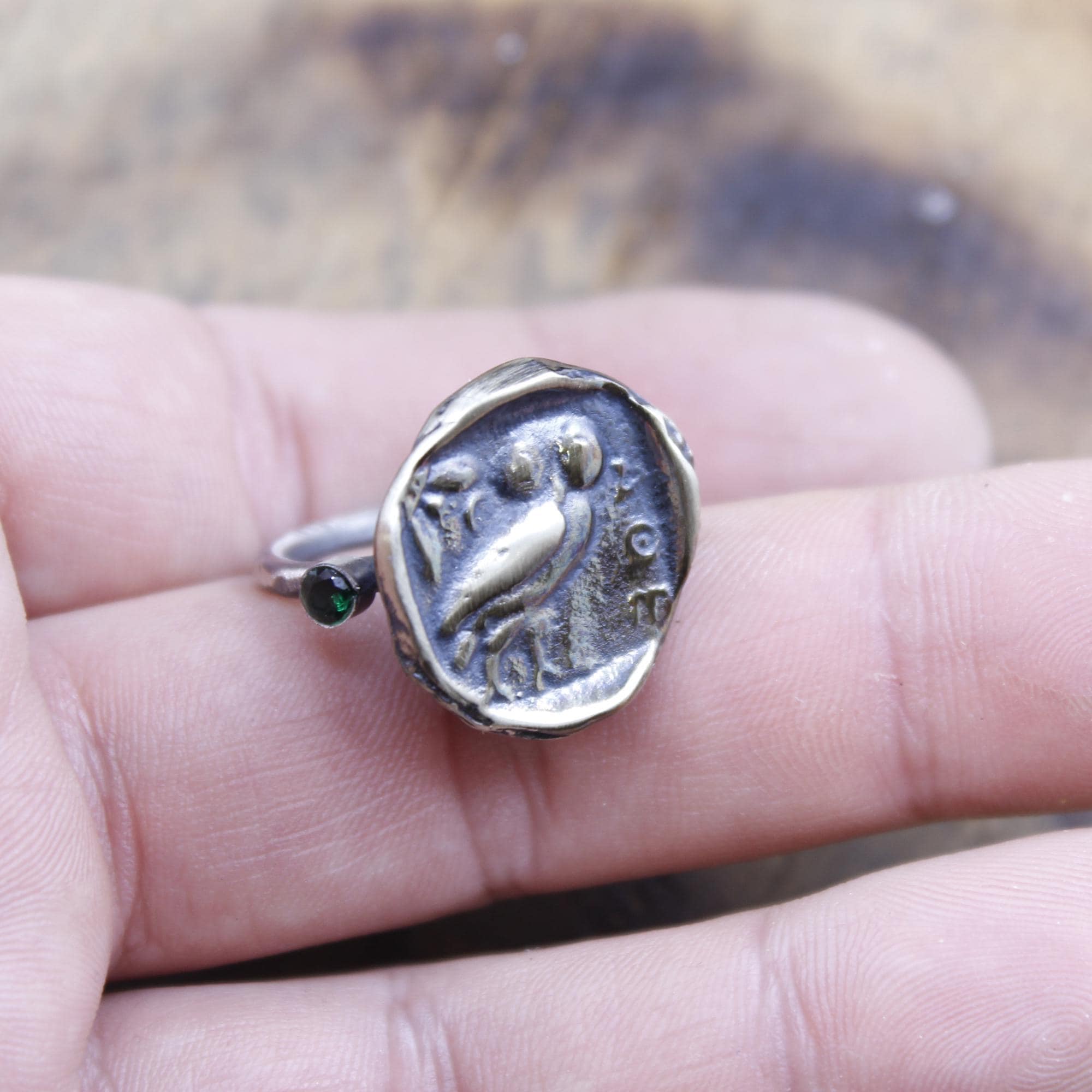 Oxidized Bronze Owl Coin Ring &ndash; Ancient Greek Style 925 Silver