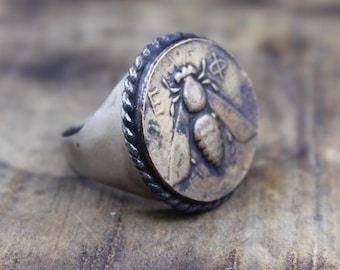 Handmade Bronze Honey Bee Coin Ring: Sterling Silver, Ancient Roman Style