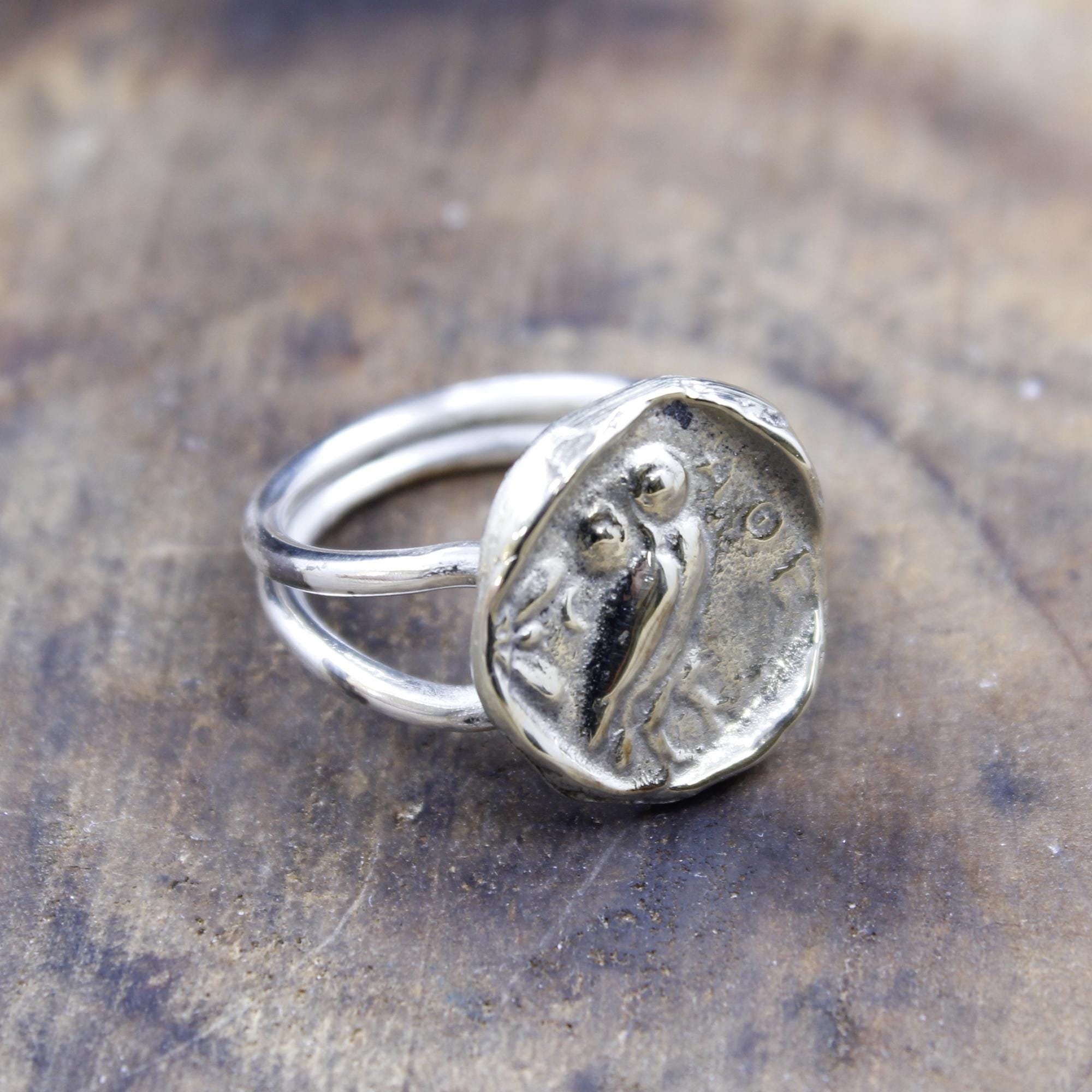 Handmade Sterling Silver Owl Coin Ring &ndash; Ancient Greek Jewelry