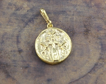 Colgante de bronce hecho a mano con la triple luna de la diosa Hécate: Hécate en bronce grabado, joyería histórica.