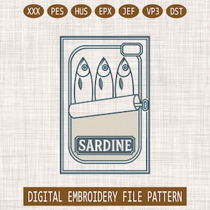 Sardine can embroidery design, fish tin stitch pattern, seafood kitchen decor embroidery file