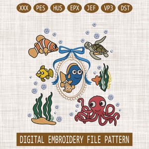 Under the sea embroidery design set, cute fish turtle octopus seaweed digital pattern, machine embroidery files