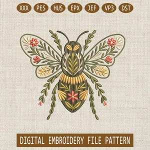 Floral Bee Embroidery Design, Boho Insect Pattern, Digital Machine Embroidery File, Instant Download