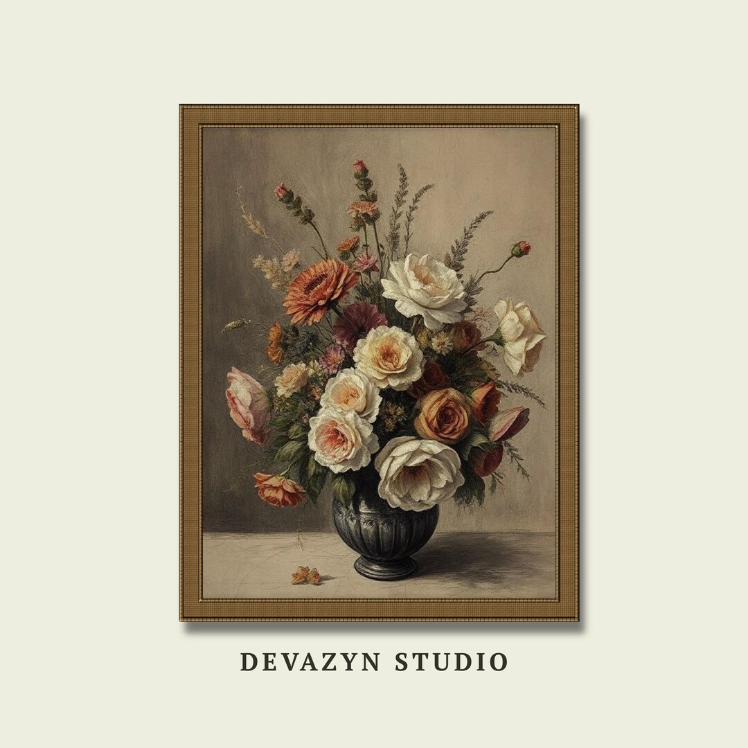 Vintage Floral Still Life Painting, Cottagecore Bouquet Printable Wall ...