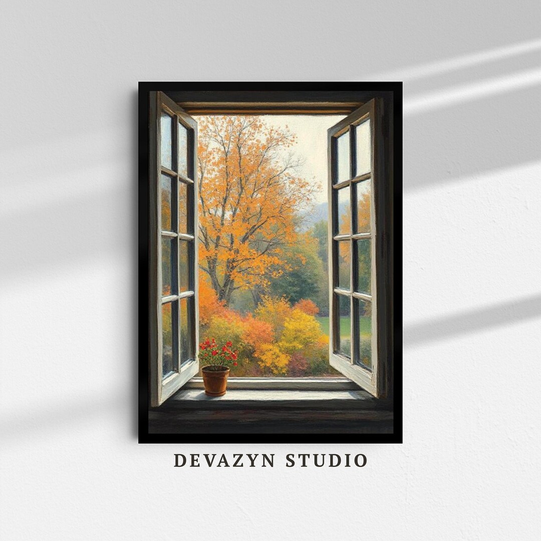 Autumn Window View Painting | Cozy Fall Canvas Art With Open Window ...