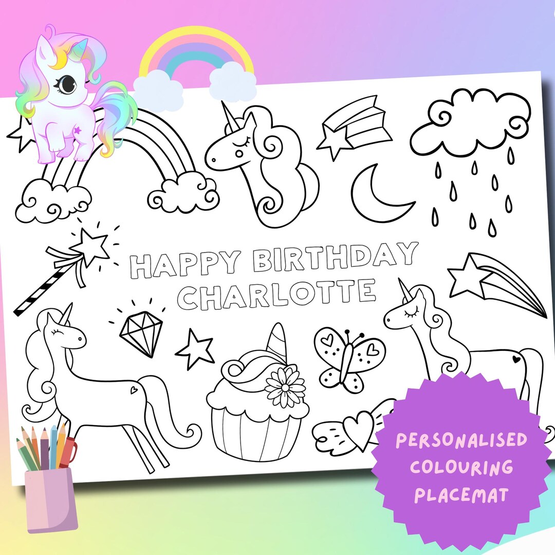Personalized Unicorn Rainbow Birthday Coloring Placemat Activity: Kids ...