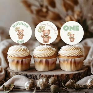 Beary First Birthday Cupcake Toppers, Editable Bear Cupcake Toppers Template, Digital Customizable Beary 1st Birthday Cupcake Toppers  002