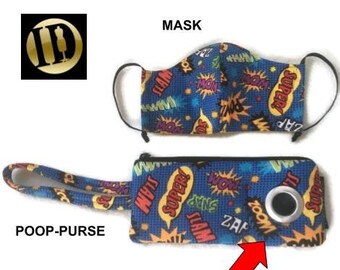 Prêt-à-expédier - Ensemble de masques, impression de bande dessinée, Comicon, masque, super héros, sac à main de merde, ensemble-cadeau de promeneur de chien, impression de bande dessinée de bracelet