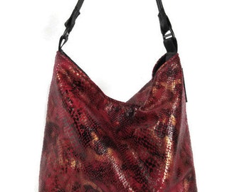 Prêt à expédier, sac seau, sac à main en faux serpent, fausse peau de reptile, sac à main seau, sac à main à bandoulière, rockabilly, mode vintage, hobo rouge