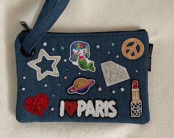 Denim Wristlet, denim clutch, denim purse with patches stars, hearts, mermaid, lipstick, paris, diamond, Ready-to-Ship