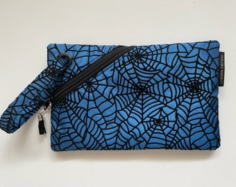 Blue spiderweb wristlet, Halloween wristlet purse, Spiderweb print , Blue wristlet for Halloween, Chic Halloween, Ready-to-Ship