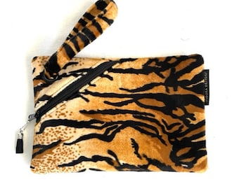 Tiger Faux Fur wristlet, Tiger clutch, tiger print purse, Holiday gift wristlet, Birthday present, purse faux fur