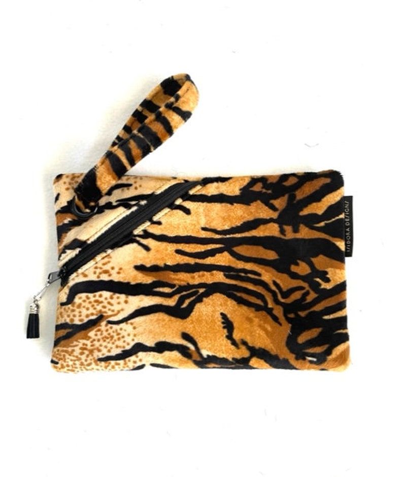 Tiger Faux Fur wristlet, Tiger clutch, tiger print purse, Holiday gift wristlet, Birthday present, purse faux fur image 1