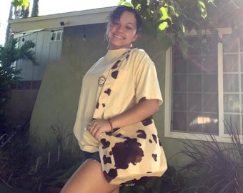 Faux Fur Cow Print Crossbody Bag: Shoulder Tote