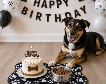May include: A black and tan dog lies next to a round cake on a white plate with a Happy Birthday cake topper and a single lit candle. Beside the cake is a metal bowl filled with brown kibble, all resting on a black and white paw print mat.