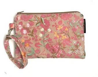 Pink Flowers Wristlet, Wristlet, Gift for Mom, Gift for Sister, Birthday Gift, Evening Formal, Makeup Bag, Phone Holder, Ready-to-Ship