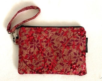 red wristlet, red lace and sequin clutch,  red sequin wristlet, love gift,  Red purse, favorite color Red