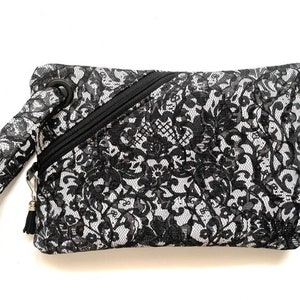 Black and white lace wristlet, Unique lace detail purse, Elegant wristlet, Monochrome lace clutch, Special occasion wristlet, Ready-to-Ship image 1