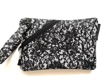 Black and white lace wristlet, Unique lace detail purse, Elegant wristlet, Monochrome lace clutch, Special occasion wristlet, Ready-to-Ship