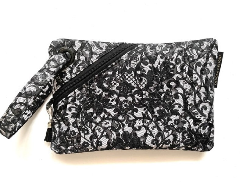 Black and white lace wristlet, Unique lace detail purse, Elegant wristlet, Monochrome lace clutch, Special occasion wristlet, Ready-to-Ship image 1